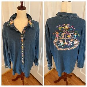 VTG Y2K Bob Mackie Wearable Art Embroidered Denim Shirt XL Maypole Floral Boho
